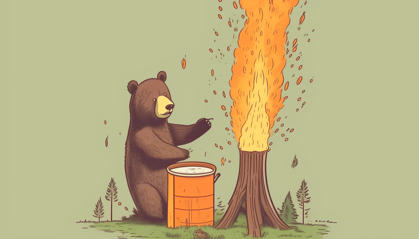 Bear trying to extinguish a burning tree with a bucket full of water
