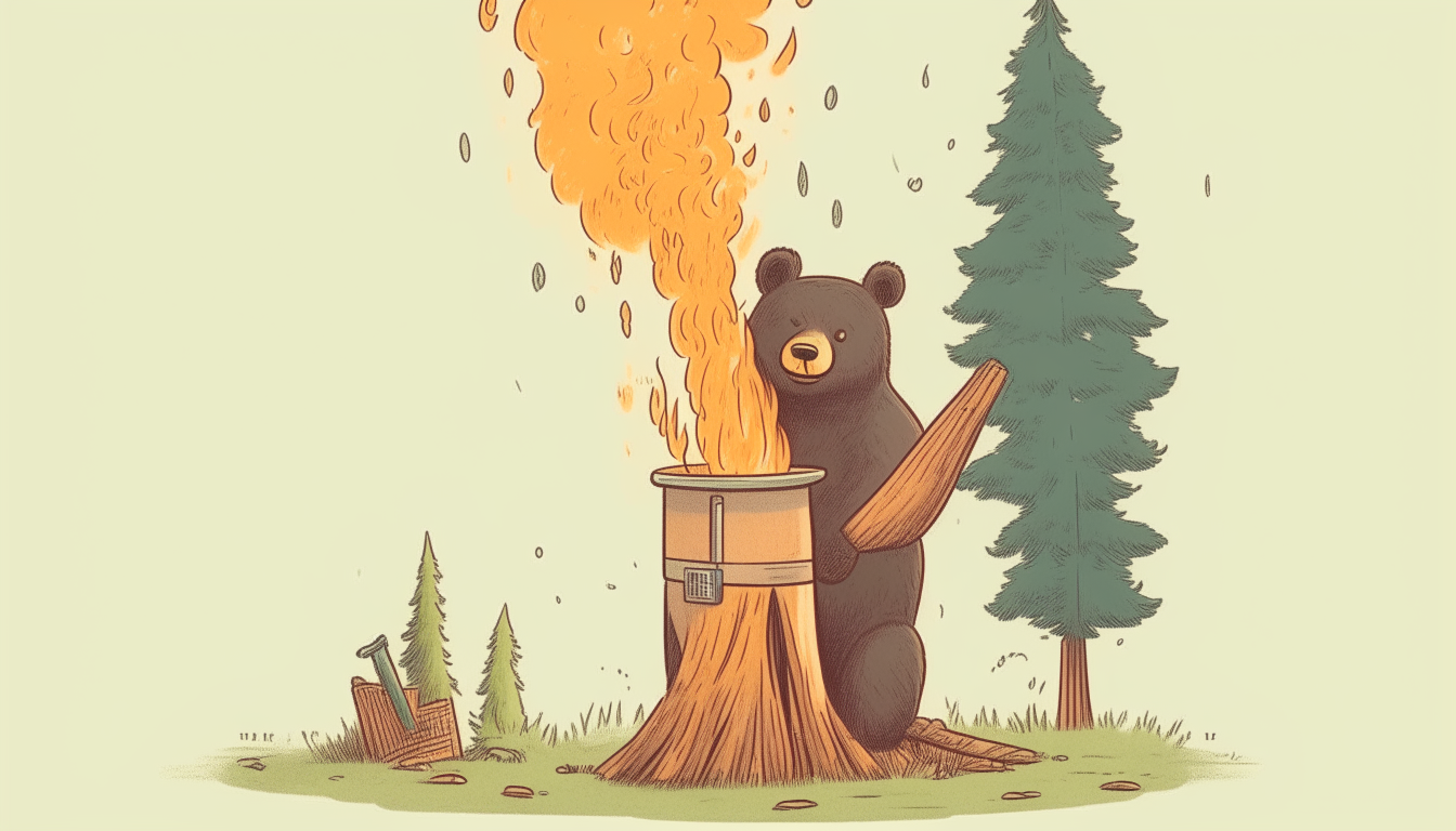 Bear trying to extinguish a burning tree with a bucket full of water