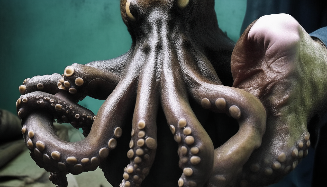 Giant octopus in gorilla hands.