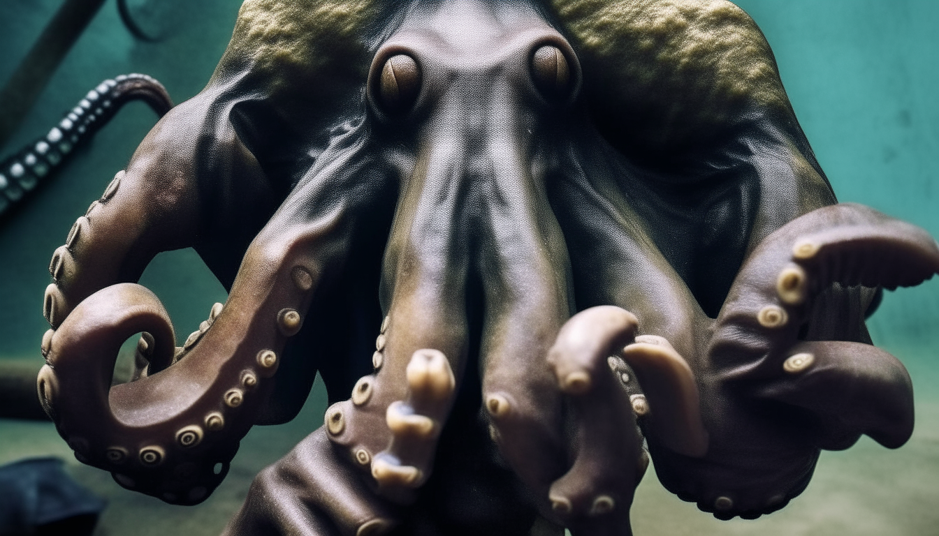 Giant octopus in gorilla hands.