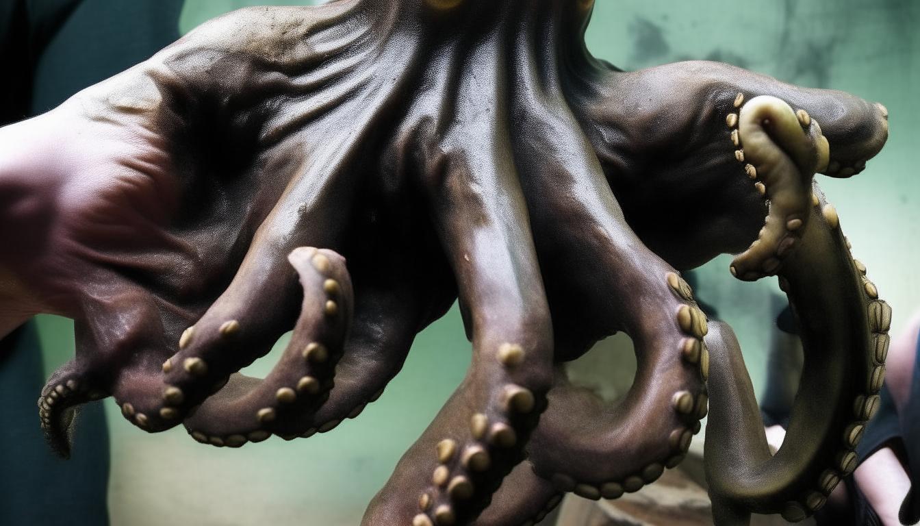 Giant octopus in gorilla hands.