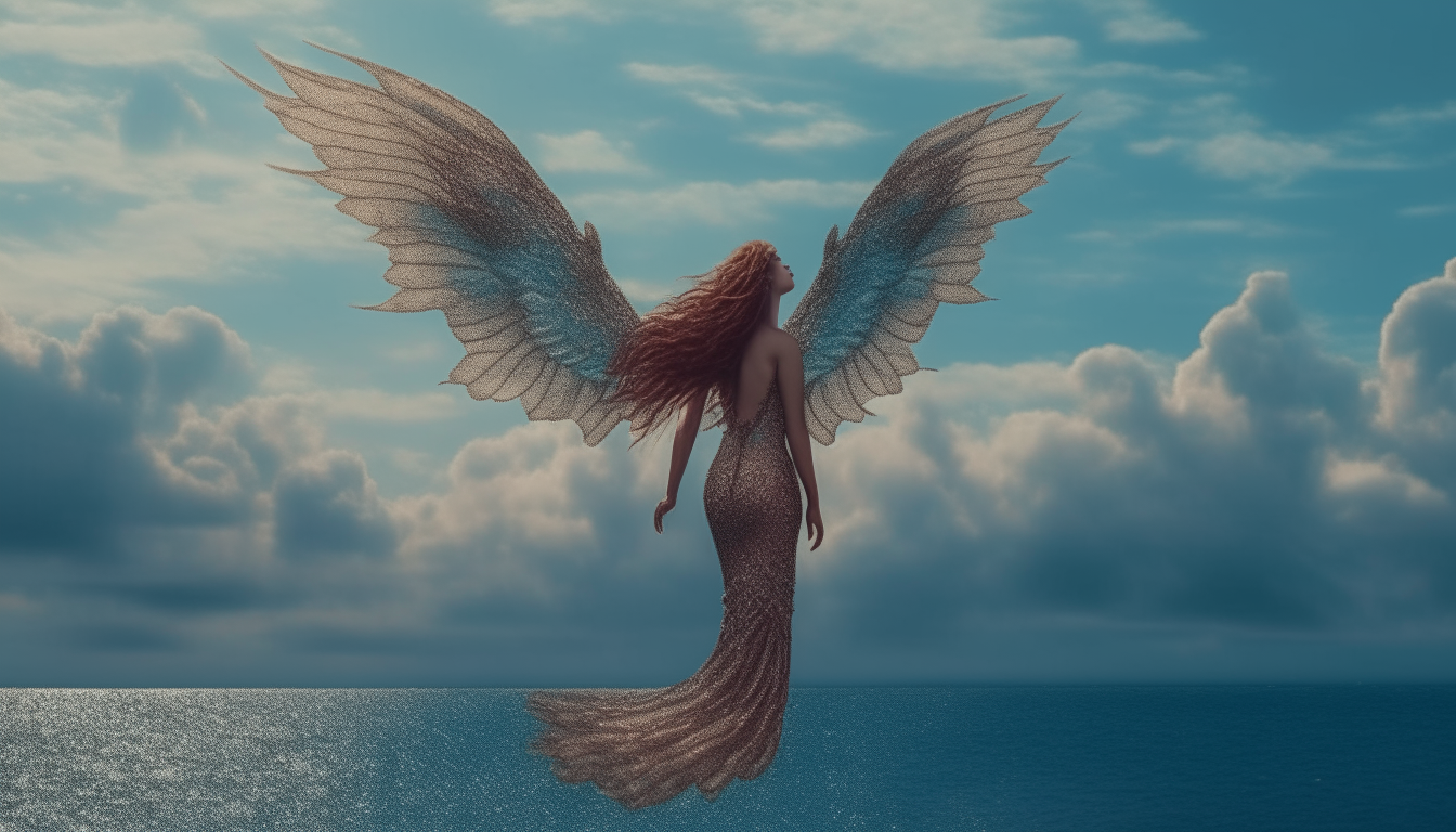 A mermaid standing in the sky with wings