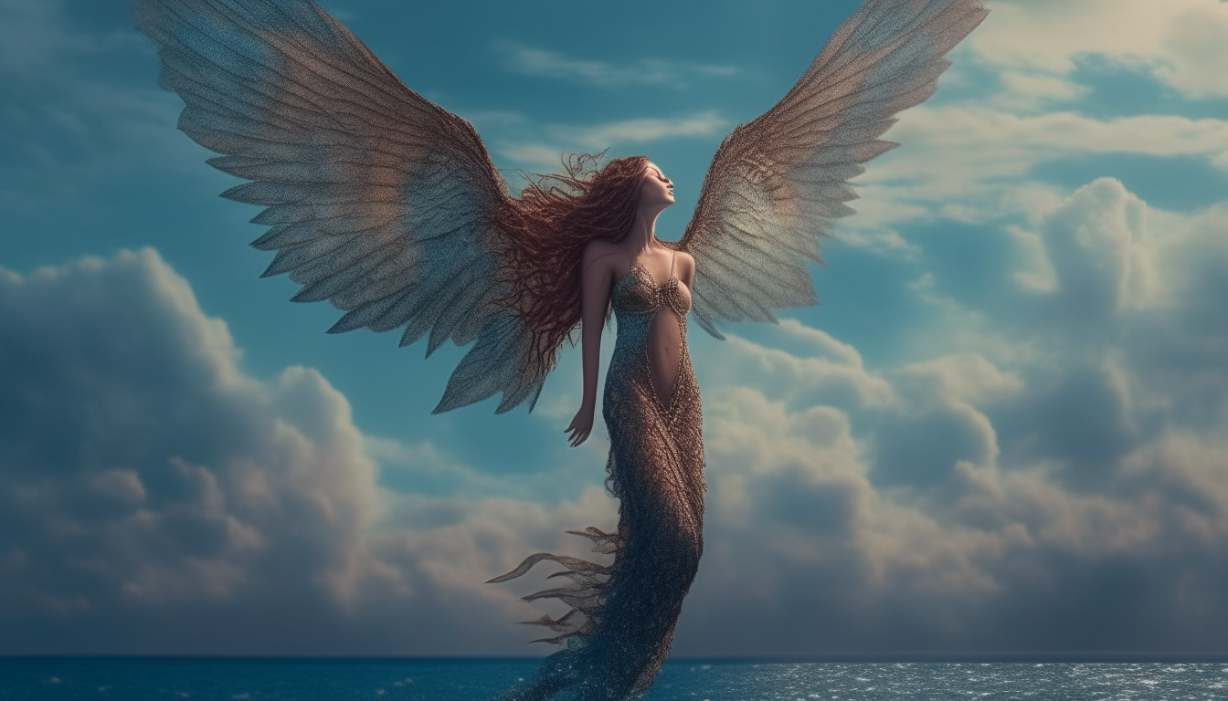 A mermaid standing in the sky with wings