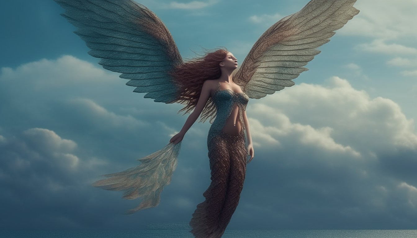 A mermaid standing in the sky with wings