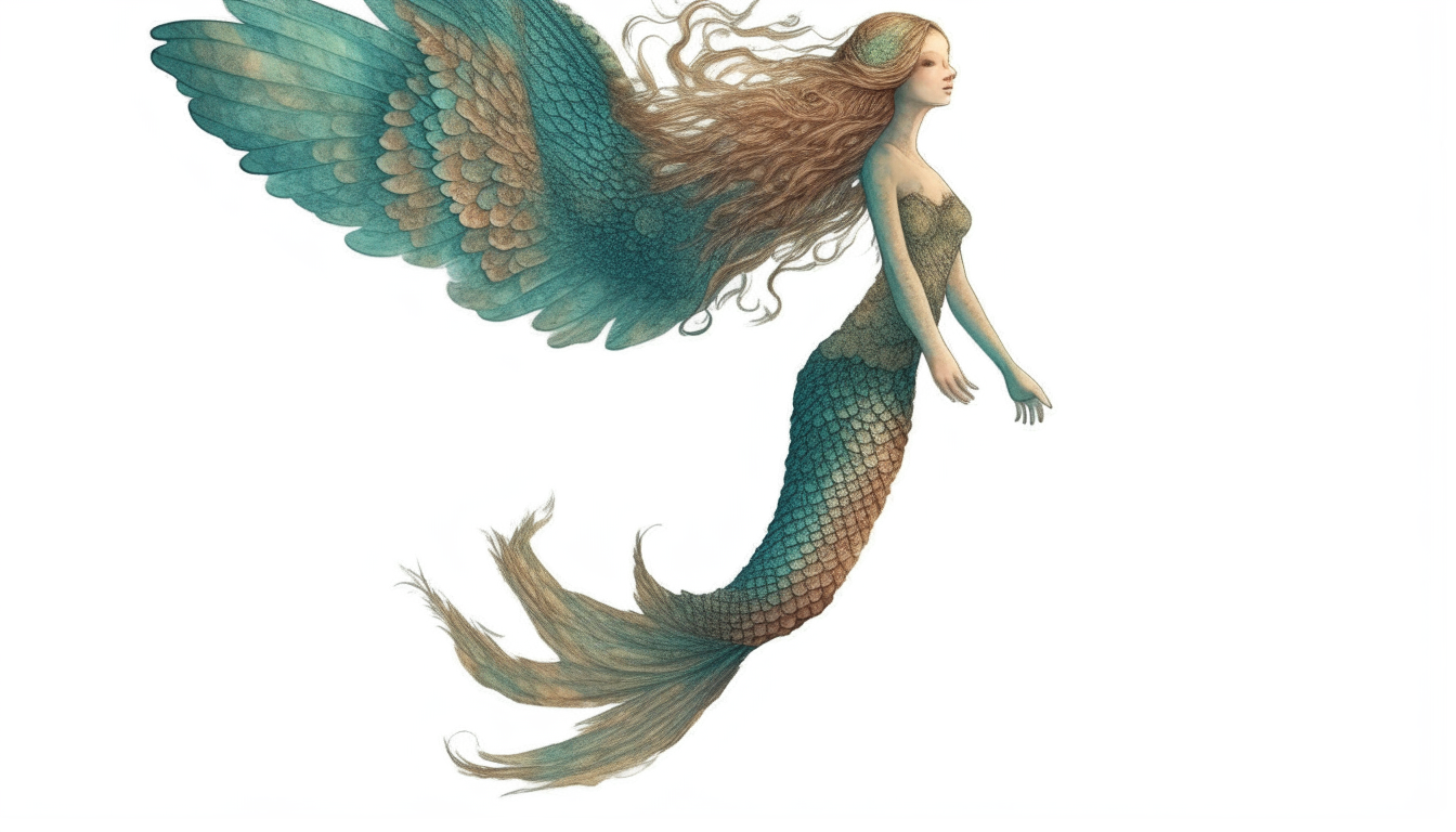 A mermaid standing in the sky with wings. no background