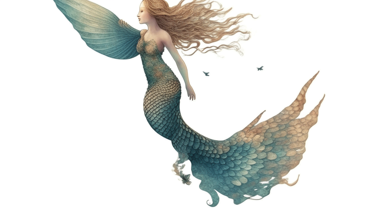 A mermaid standing in the sky with wings. no background