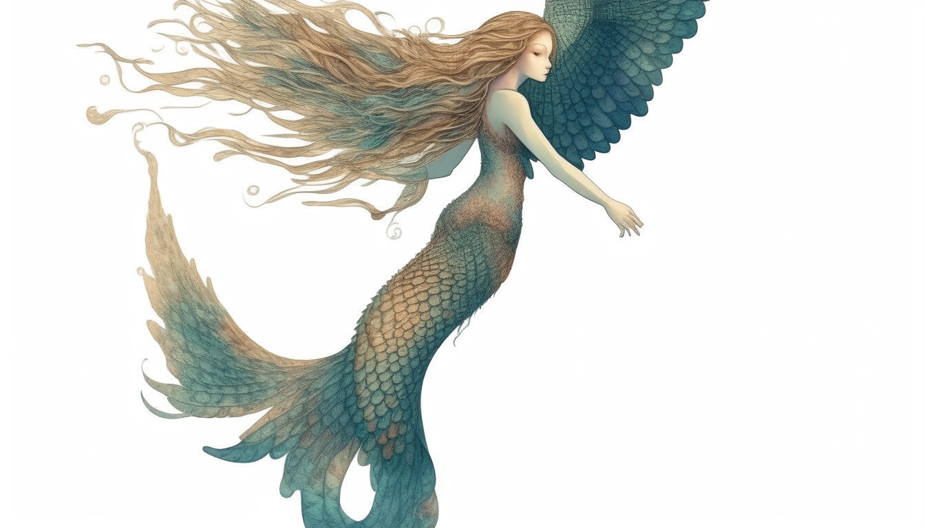 A mermaid standing in the sky with wings. no background