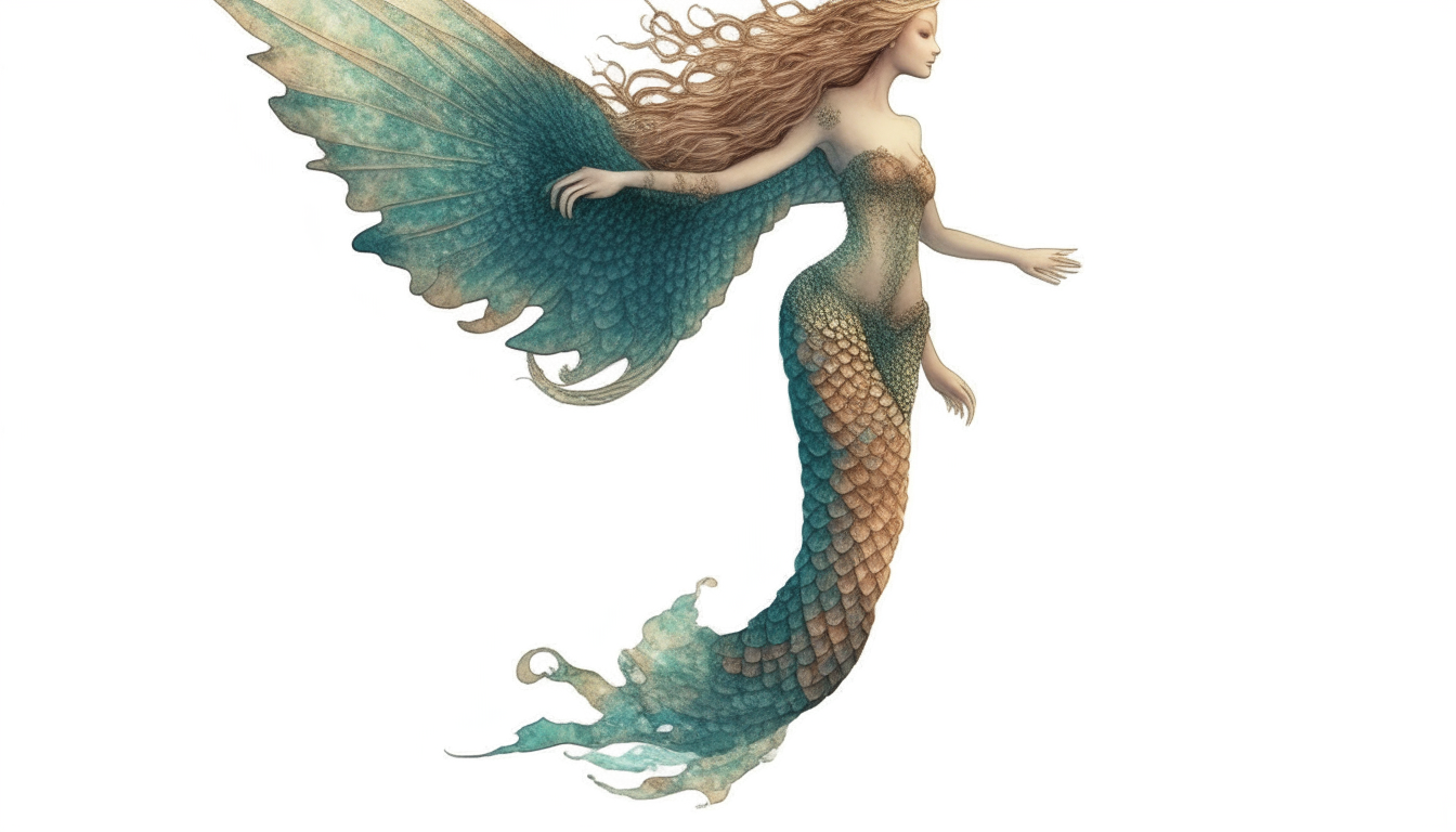 A mermaid standing in the sky with wings. no background
