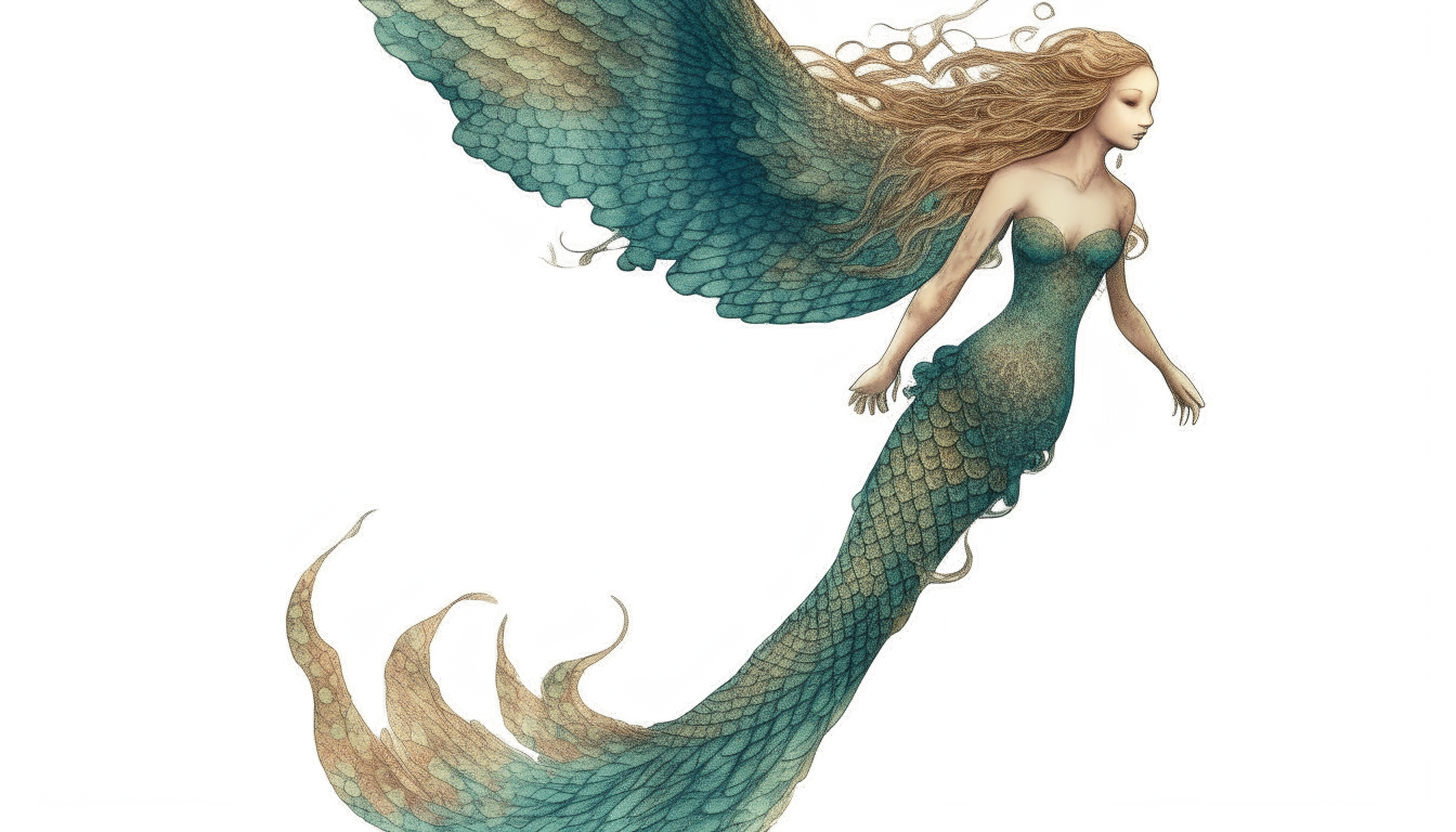 A mermaid standing in the sky with wings. no background