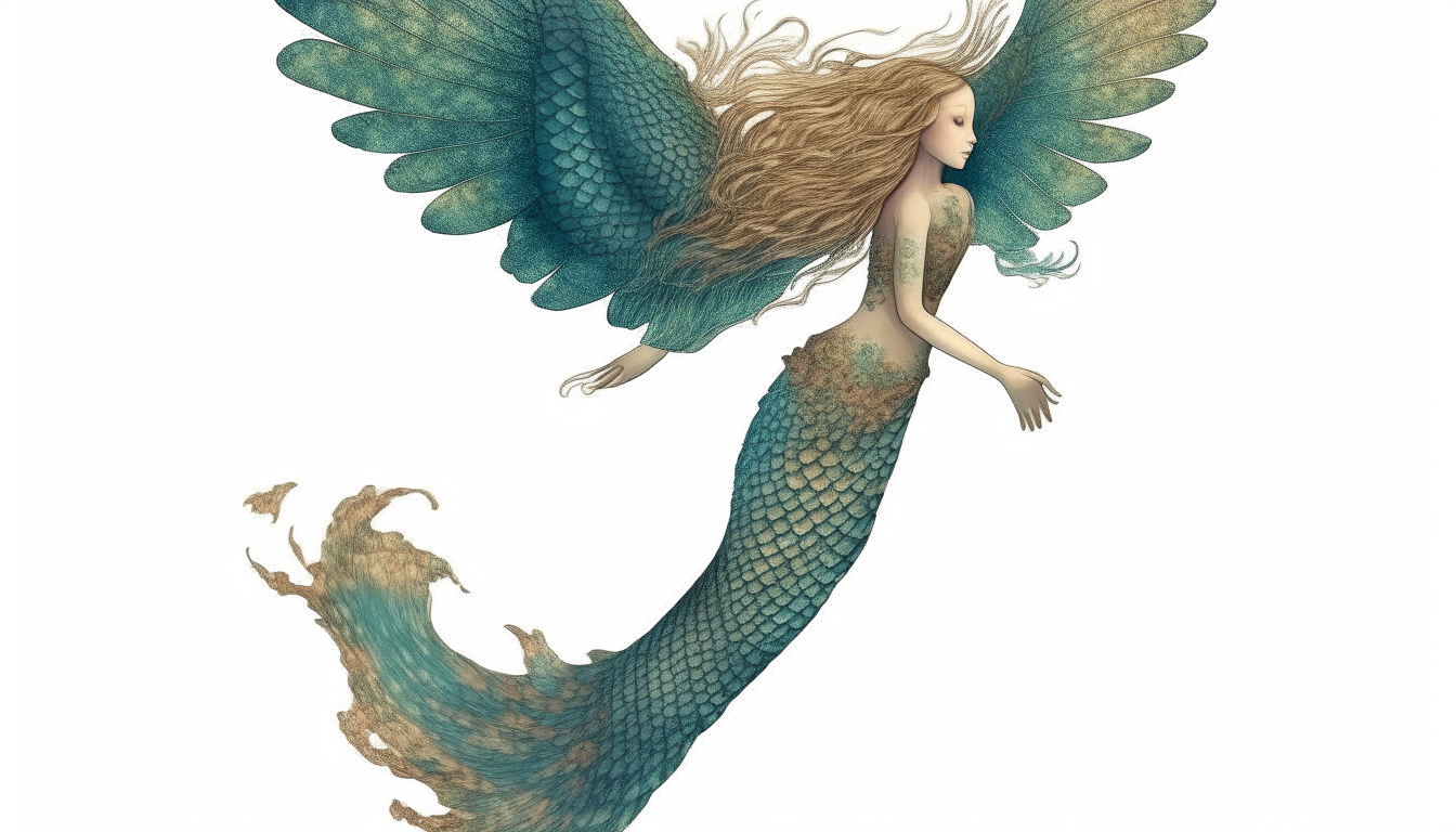 A mermaid standing in the sky with wings. no background