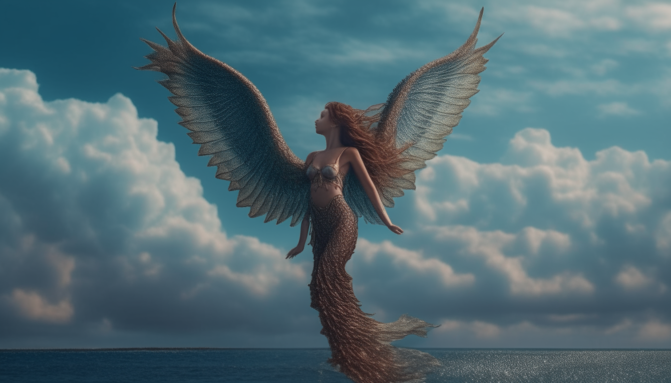 A mermaid standing in the sky with wings