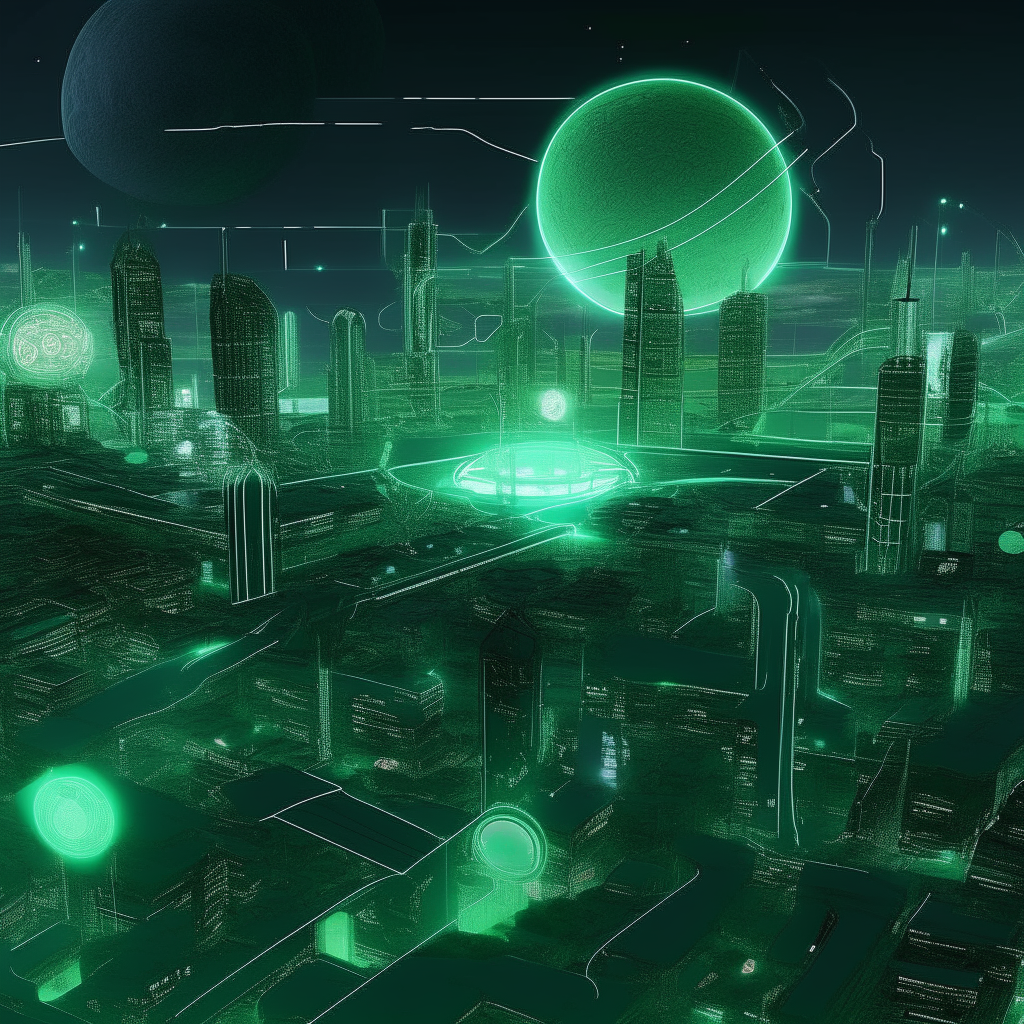 A futuristic concept map of The City of Malachite on Lune', the Moon, showing glowing malachite buildings, skyscrapers, underground data networks as glowing lines, and distinct districts