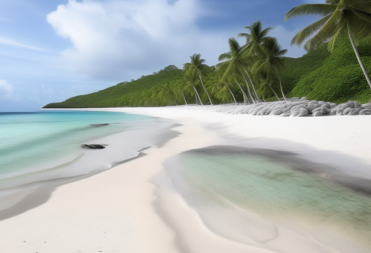 A scenic beach with white sandy shores, gentle rolling waves and crystal clear waters. Palm trees line the coast, and smooth grey rocks dot the shoreline.