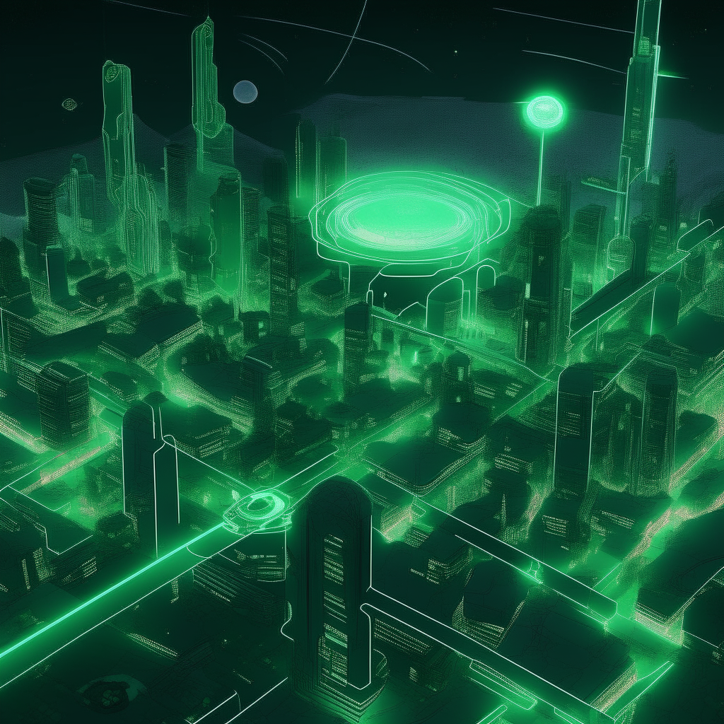 An isometric perspective view of the futuristic concept map of The City of Malachite on Lune', the Moon, showing glowing malachite buildings, skyscrapers, underground data networks as glowing lines, and distinct districts