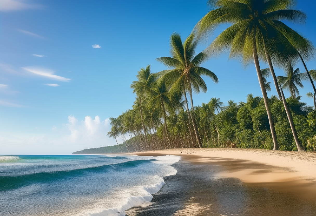 A long stretch of coastline on a sunny afternoon, with gentle waves lapping at the shore under towering palm trees.