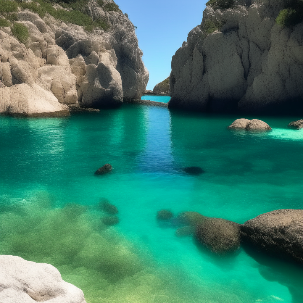 A secluded cove nestled between rocky outcroppings, the turquoise water glittering in the sunlight.