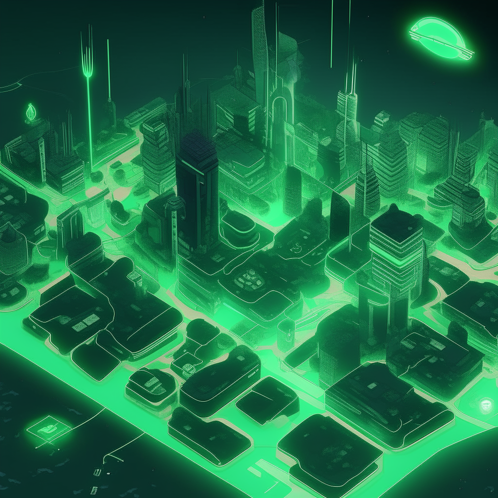 An isometric concept map of the Central Business District of The City of Malachite, showing clustered malachite-powered skyscrapers and distinctive glowing 'V' shaped digital communication towers