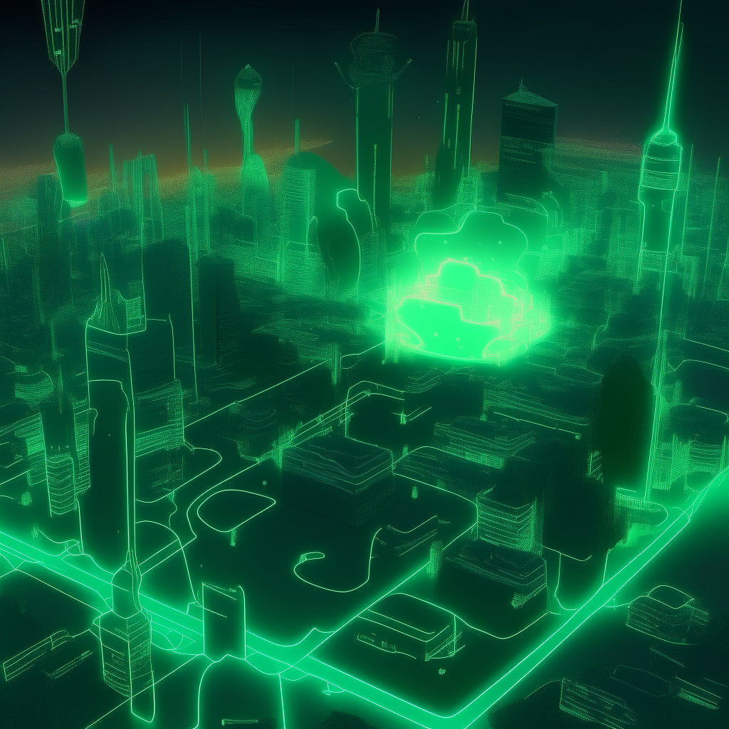 A concept map of the 'V' Digital holographic towers district in The City of Malachite, showing clustered glowing towers in the shape of the letter 'V' connected by data streams