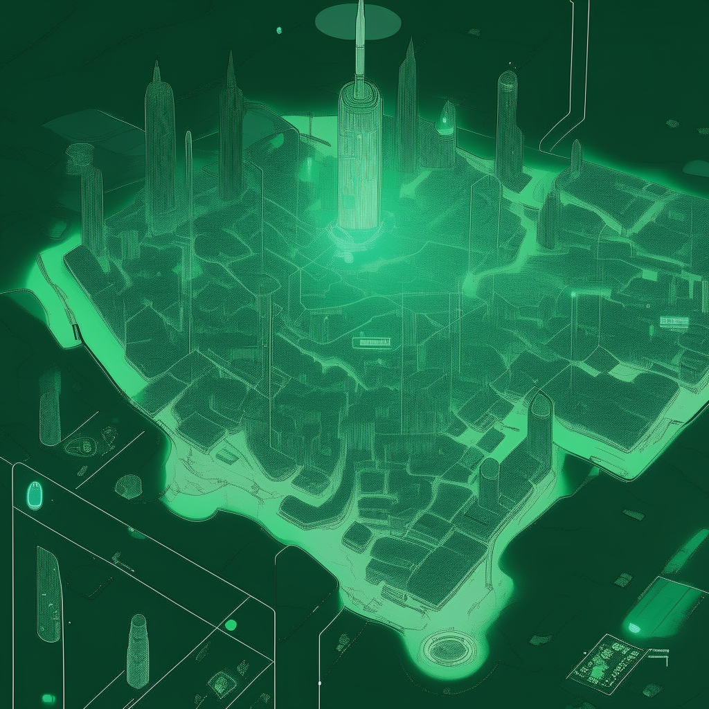 An overhead concept map of The City of Malachite on Lune', showing the districts, towers, skyscrapers and data networks from above