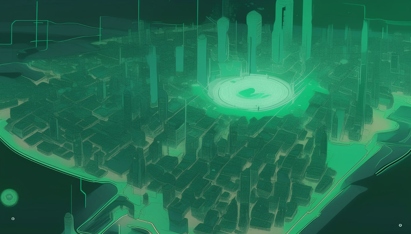 An overhead concept map of The City of Malachite on Lune' in 16:9 aspect ratio, showing the districts, towers, skyscrapers and data networks from above