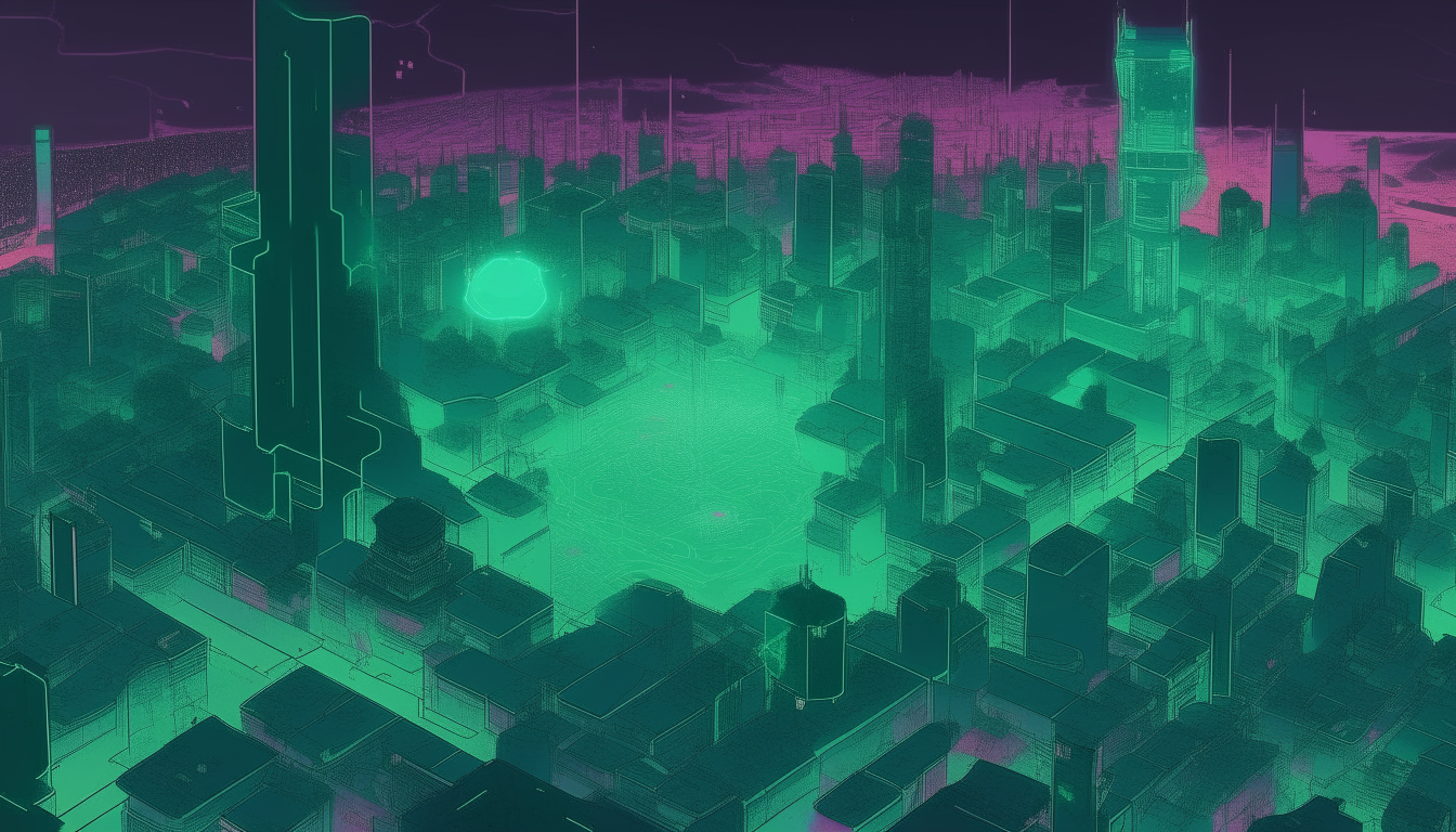 An overhead concept map of The City of Malachite on Lune' in 16:9 aspect ratio, showing the districts, towers and skyscrapers with a focus on blues and pinks in the lighting