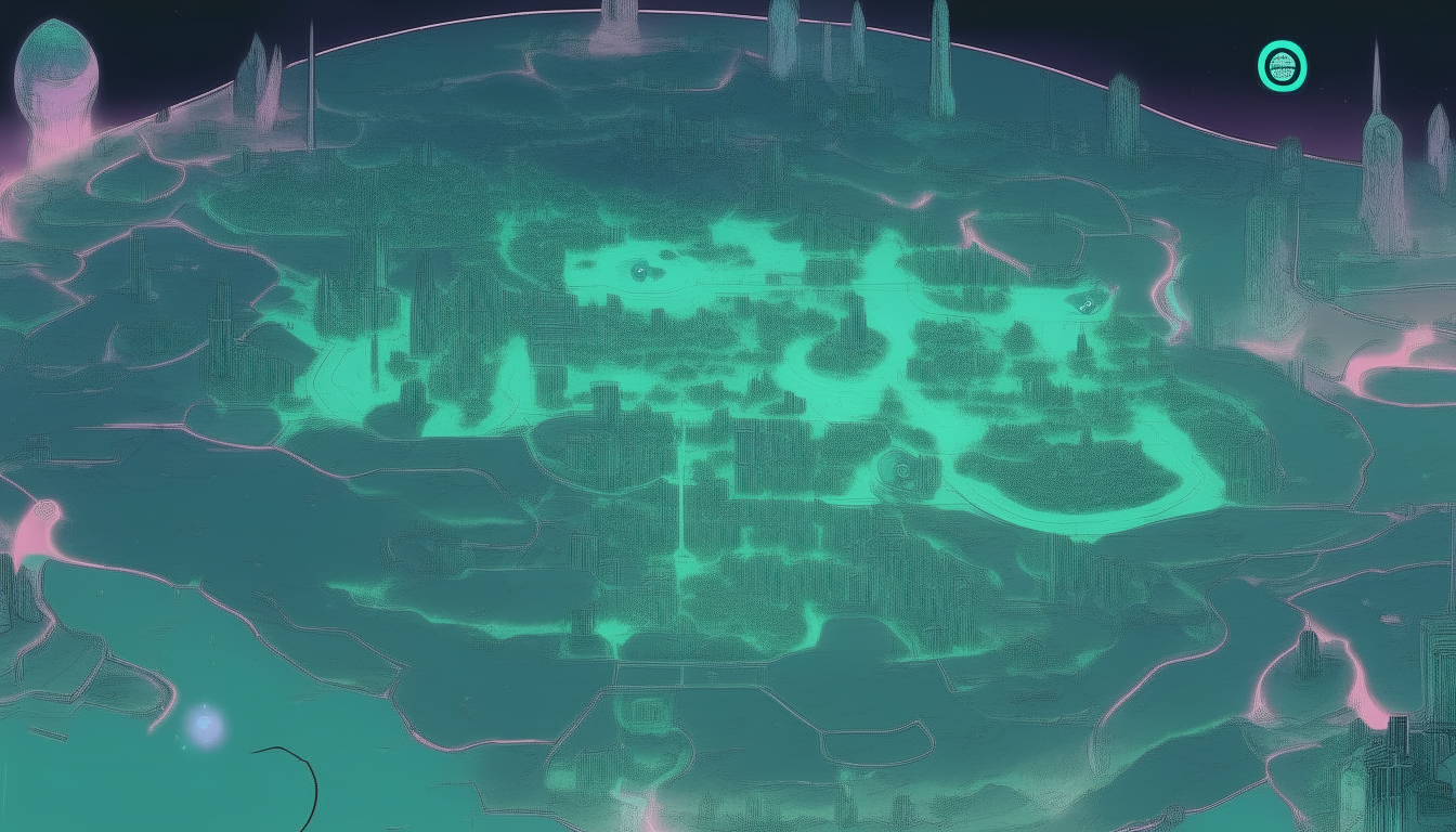 A zoomed out overhead concept map of The City of Malachite and surrounding lunar landscape, showing the city districts with blues and pinks against the moonscape