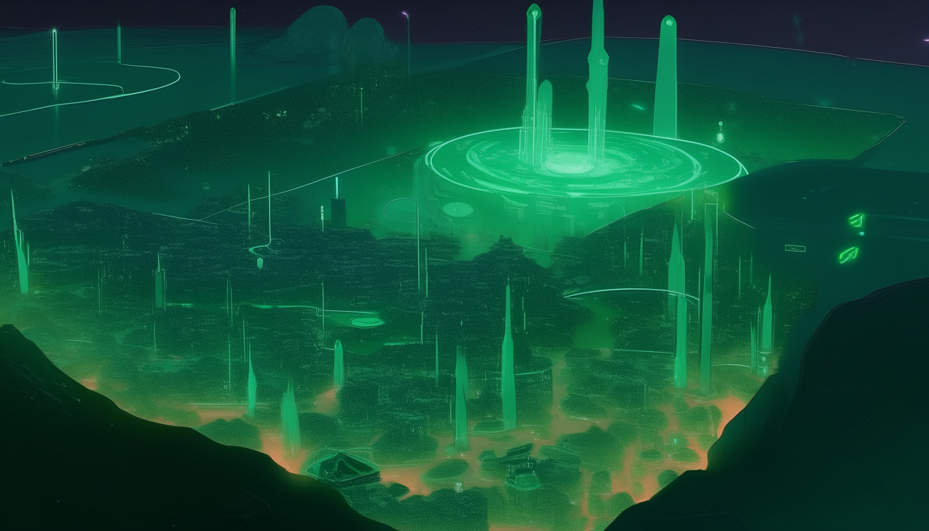 A zoomed out overhead concept map of The City of Malachite and surrounding lunar landscape, highlighting the glowing 'V' shaped digital communication towers among the city districts