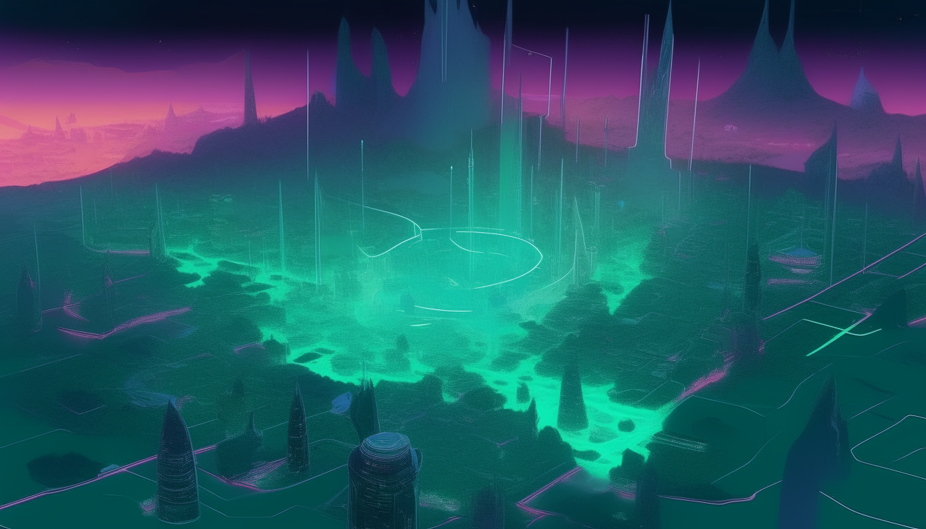 A zoomed out overhead concept map of The City of Malachite and surrounding lunar landscape, highlighting the glowing 'V' shaped digital communication towers among the city districts with blues and pinks emphasized in the lighting