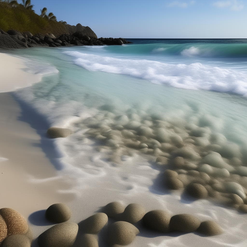 A close-up view of white sand and gentle waves along the shoreline. Rocky tide pools filled with sea life among the boulders.