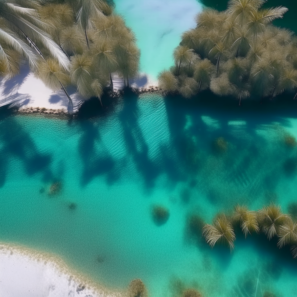 Zooming in on palm trees and crystal clear water along the coastline.