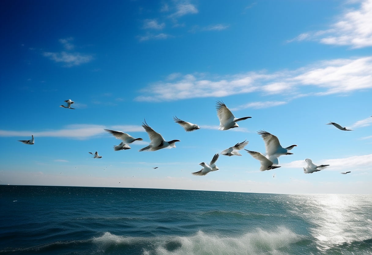 Seagulls soaring above the ocean under a bright blue sky.