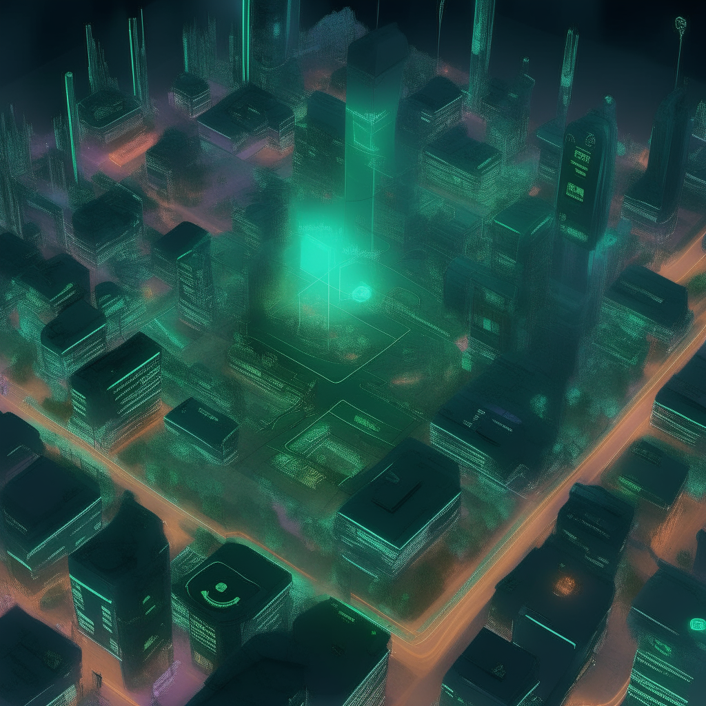 A detailed top-down concept map of the 'V' Digital holographic towers district in The City of Malachite, showing surrounding streets and structures