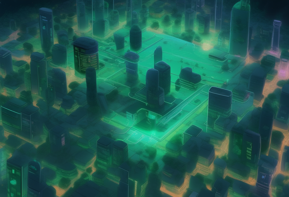 A zoomed out detailed top-down concept map of the 'V' Digital holographic towers district in The City of Malachite, showing surrounding streets and structures in a 14:9 aspect ratio