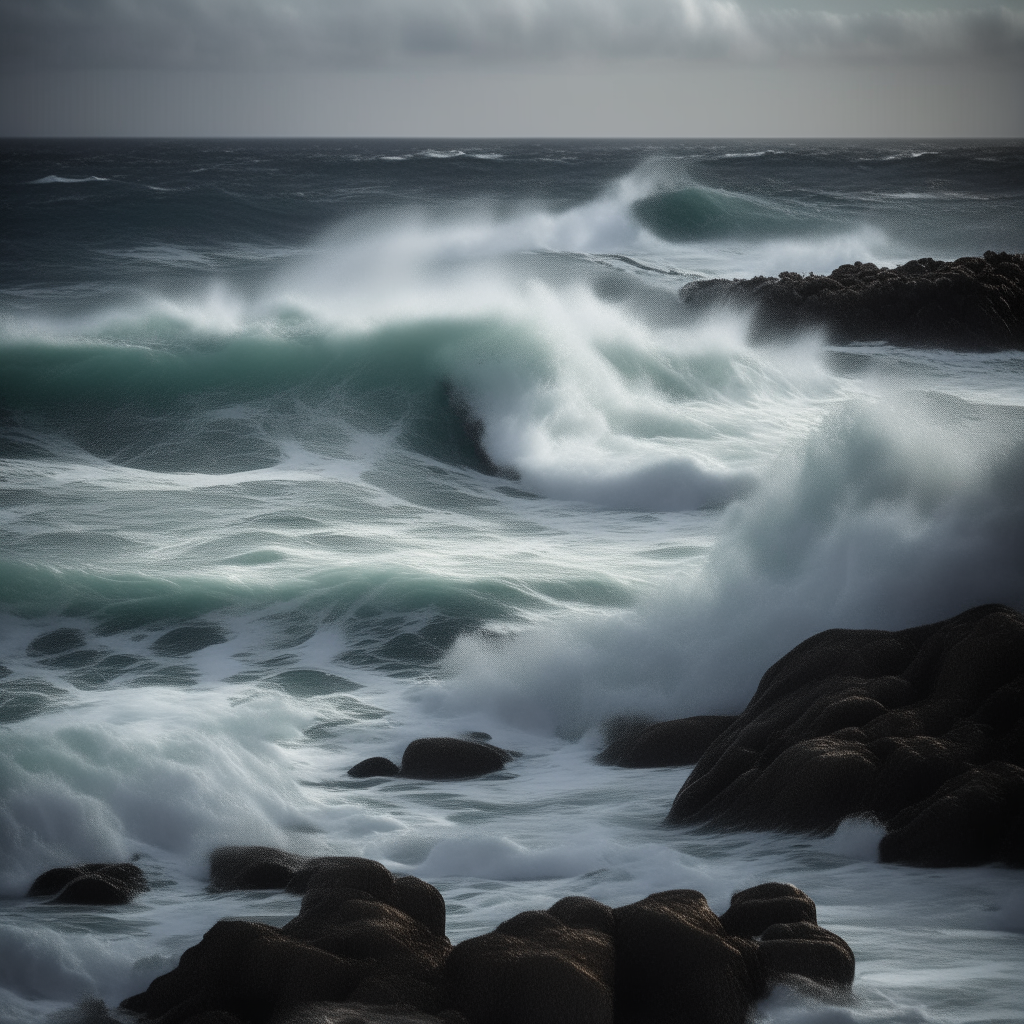 A dramatic view of ocean waves crashing onto the shore in stormy weather.