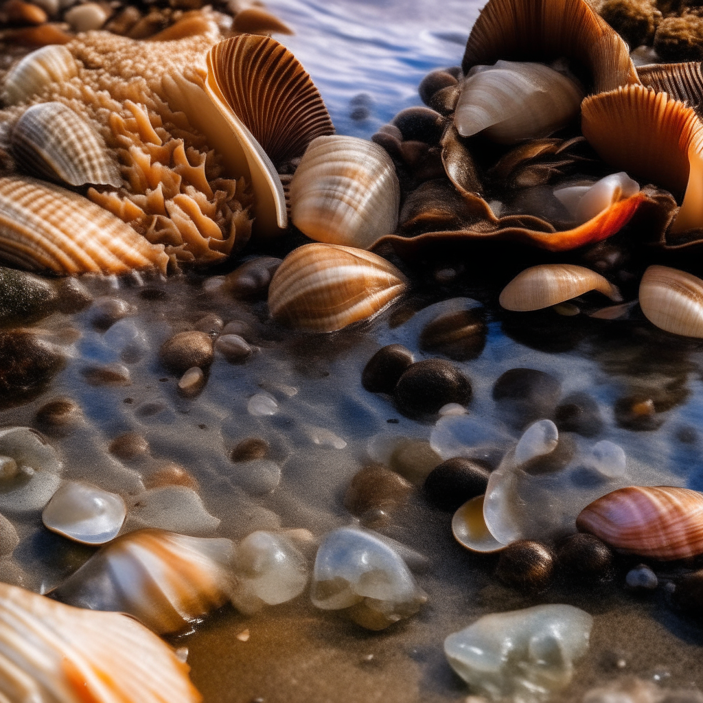 A close-up view of seashells and seaweed along the water's edge.