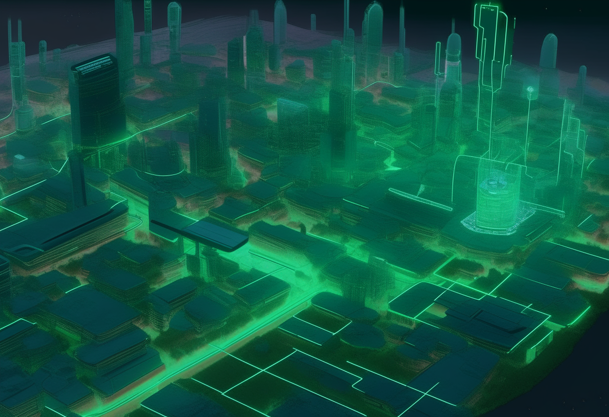 A highly zoomed out detailed top-down concept map of the 'V' Digital holographic towers district in The City of Malachite and surrounding lunar landscape, showing connecting infrastructure and terrain in a 14:9 aspect ratio