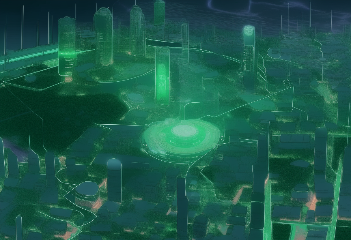 A highly zoomed out detailed top-down concept map of The City of Malachite and surrounding lunar landscape, showing the 'V' Digital holographic towers district and connecting infrastructure in a 14:9 aspect ratio