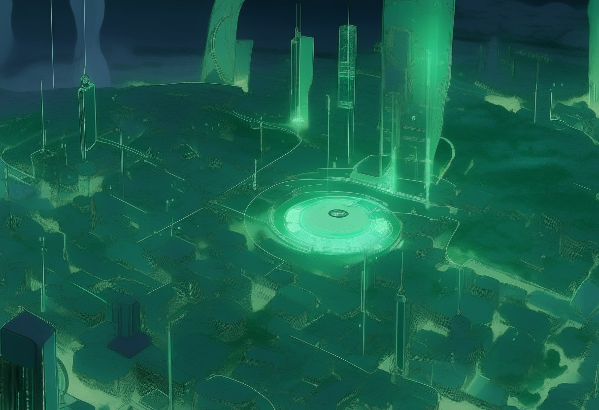 A highly zoomed out detailed top-down concept map of The City of Malachite and surrounding lunar landscape, showing the 'V' Digital holographic towers district and connecting infrastructure across the region in a 14:9 aspect ratio