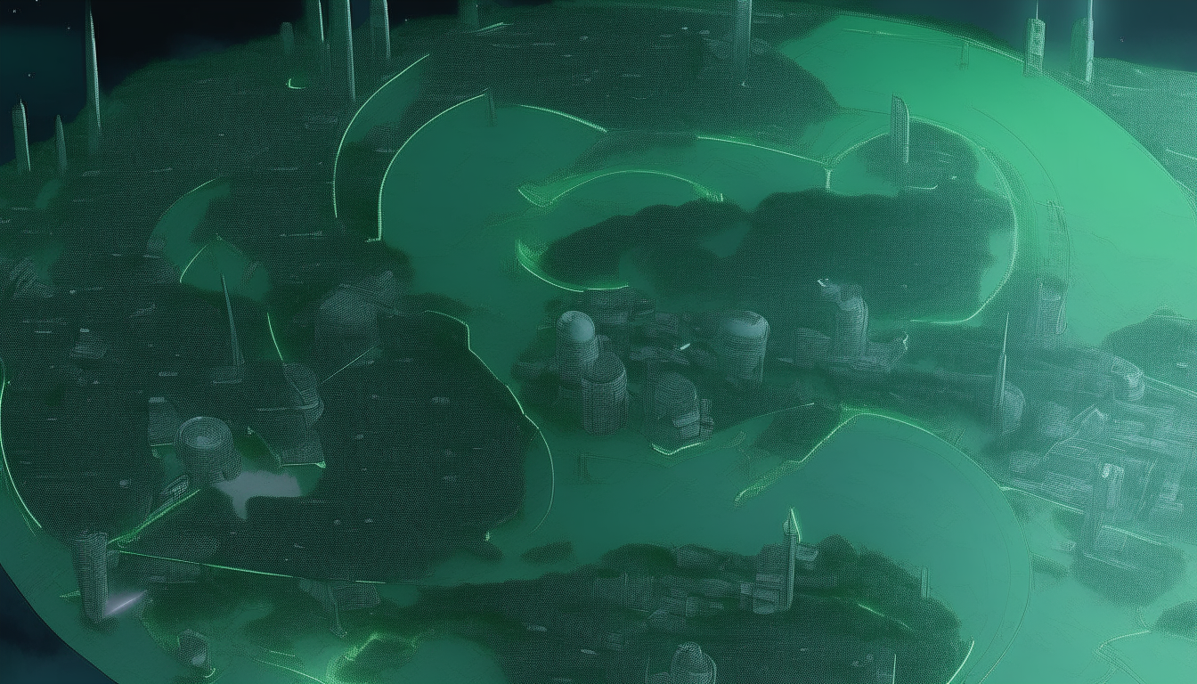 A highly zoomed out overhead concept map of The City of Malachite and surrounding lunar landscape showing the curvature of the moon in a 16:9 aspect ratio