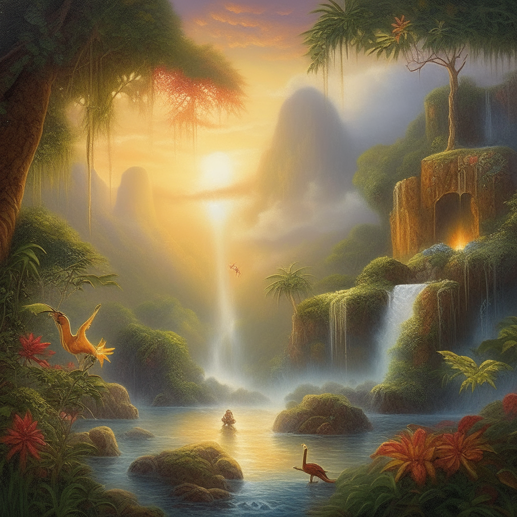 In this breathtaking acrylic painting, a scene of an enchanting grandiose paradise unfolds. This image, which is rich in vibrant color and intricate details, depicts a sprawling landscape filled with lush tropical foliage, cascading waterfalls, and magnificent exotic creatures. The painting exudes an ethereal ambiance, with the warm golden light of the setting sun casting a gentle glow upon the scene, creating a serene and magical atmosphere. The artist's masterful brushstrokes and meticulous attention to detail further elevate the quality of the image, making it a captivating masterpiece that transports viewers to a realm of unparalleled beauty and tranquility.