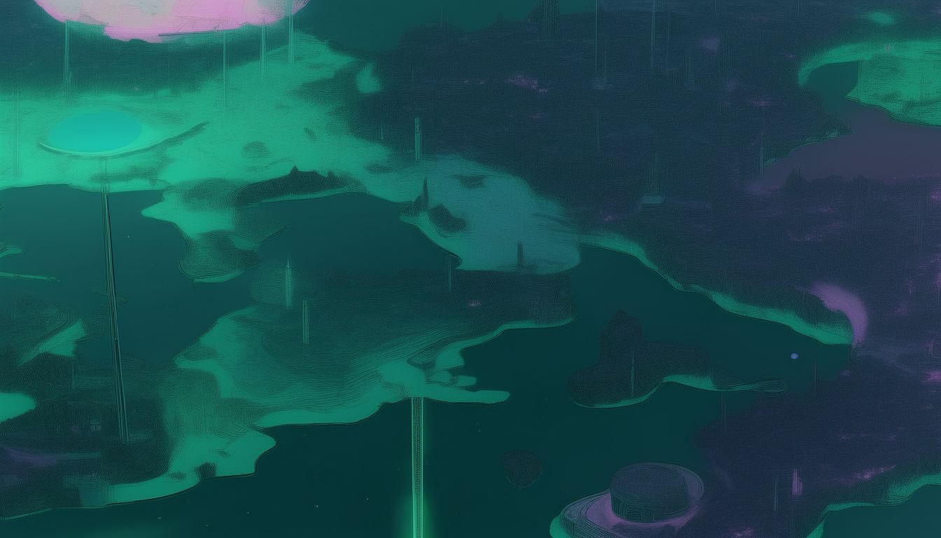 A highly zoomed out overhead concept map of The City of Malachite and surrounding lunar landscape showing the curvature of the moon and galaxy of Neon-o'-Pia' in the distance, with an enhanced color palette including blues and pinks in a 16:9 aspect ratio