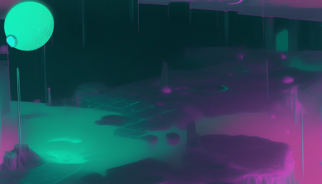 A highly zoomed out overhead 3D holographic concept map of The City of Malachite and surrounding lunar landscape showing the curvature of the moon and galaxy of Neon-o'-Pia' in the distance, with an enhanced color palette including blues and pinks in a 16:9 aspect ratio