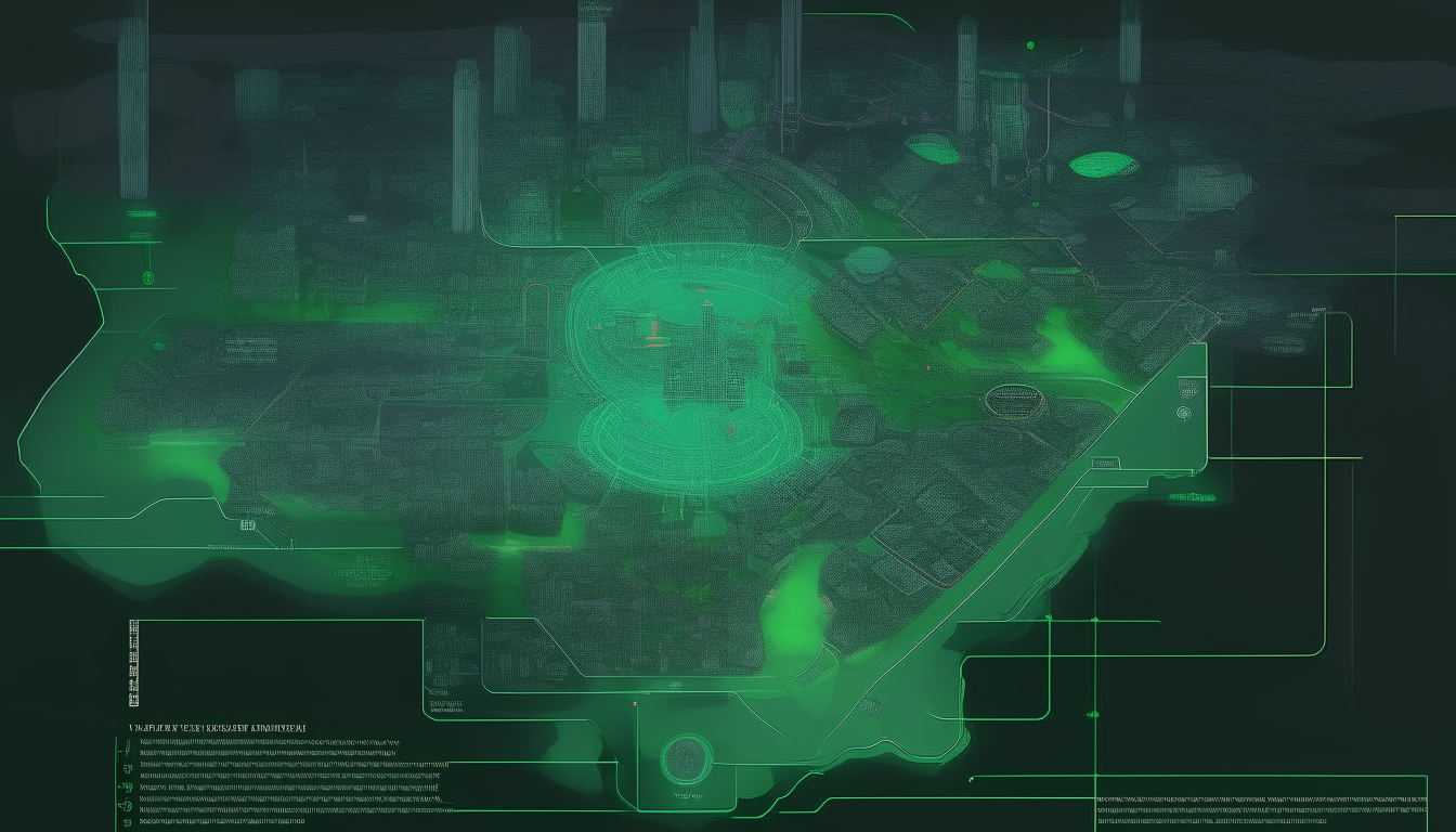 A detailed overhead concept map of The City of Malachite and surrounding regions in a 16:9 aspect ratio, showing the layout and connections between districts, infrastructure and surrounding areas