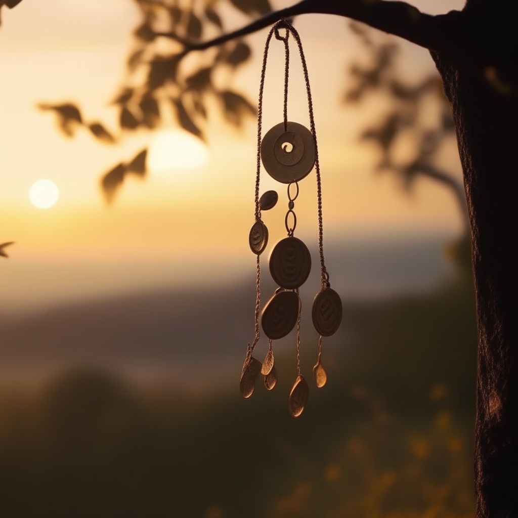 a wind chime hanging from a tree on a hill at sunset in the style of cinematography, beautiful composition, dynamic movement, shallow depth of field, subject in focus, filmic, 8k