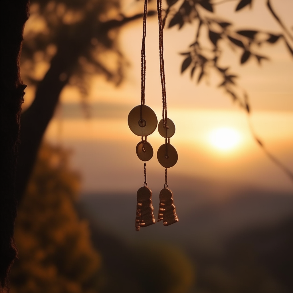 a wind chime hanging from a tree on a hill at sunset in the style of cinematography, beautiful composition, dynamic movement, shallow depth of field, subject in focus, filmic, 8k