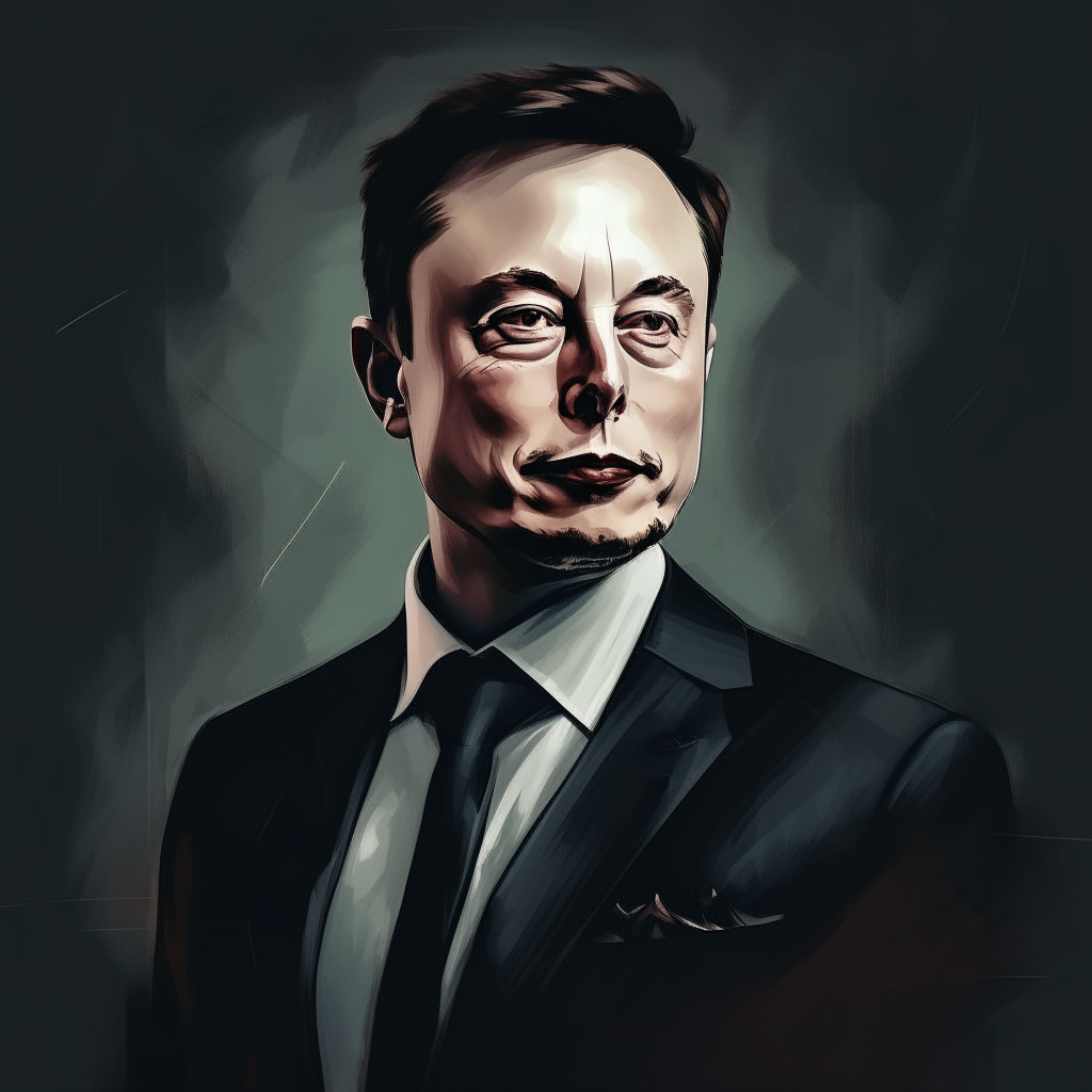 a stylized portrait of Elon Musk in a black suit, depicted respectfully and without identifying features