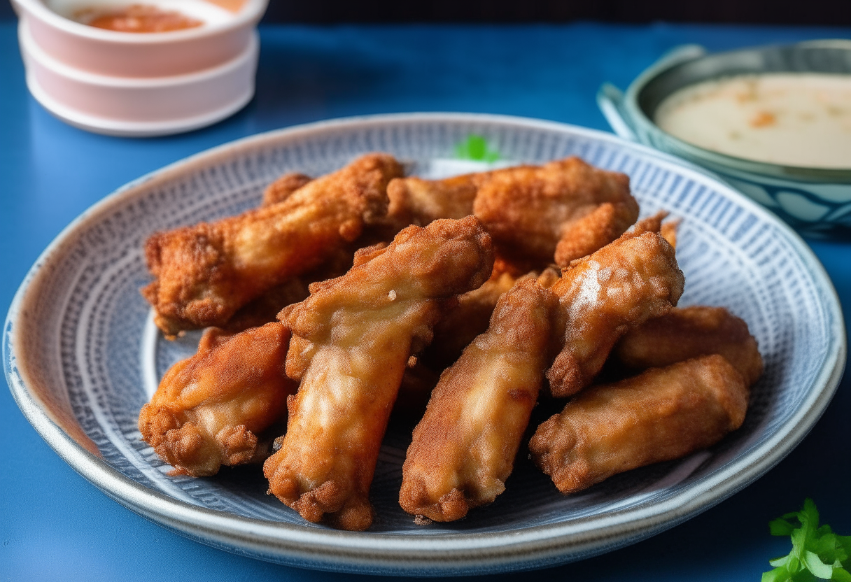 Golden brown air fried chicken wings piled on a vintage blue rimmed plate with ranch dressing, celery sticks, chives and a frosted glass of root beer with red and white checkered tablecloth backdrop