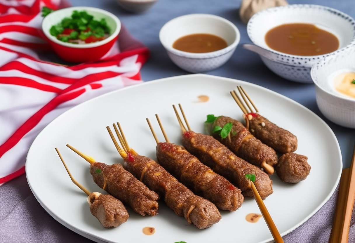 Air fried beef satay skewers lined up on a white oval platter with satay sauce, crushed peanuts, lime wedge, silverware, mason jar of lemonade, red and white checkered tablecloth backdrop and small American flag