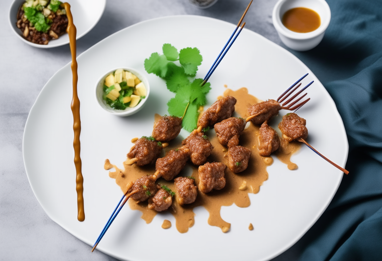 Air fried beef satay skewers arranged on a rectangular white plate garnished with crushed peanuts, satay sauce, lime wedge, and cilantro sprigs with silverware and a blue napkin