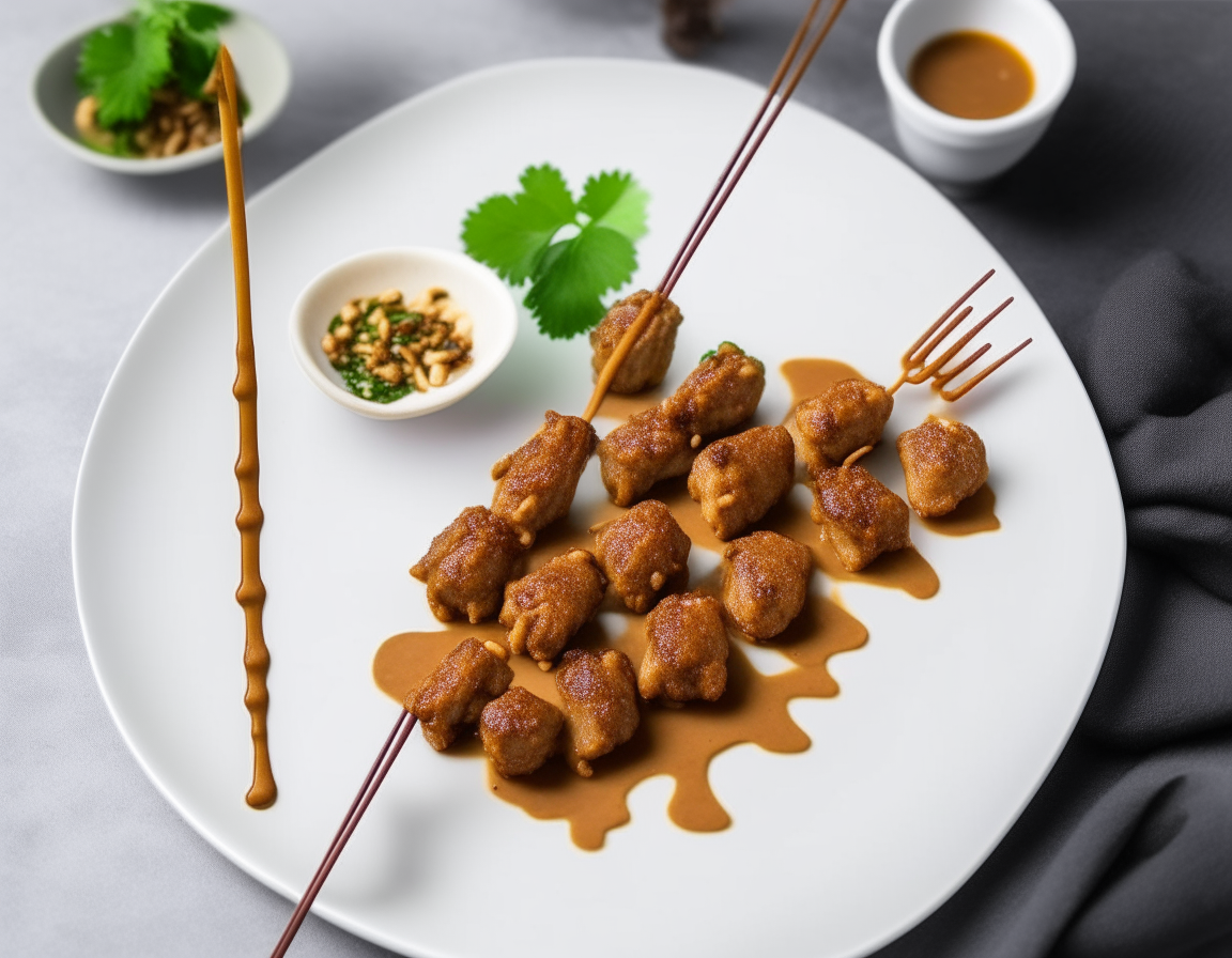 Air fried beef satay skewers arranged on a white rectangular plate garnished with crushed peanuts, satay sauce, lime wedge, and cilantro